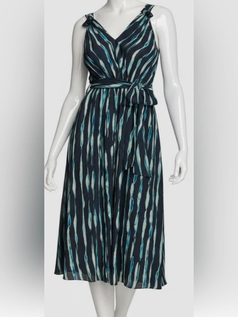 Donna Karan Navy and Teal Printed Midi Dress